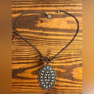 Turquoise Blue Stones and Antiqued Bronze Oval Pendant Necklace boho festival